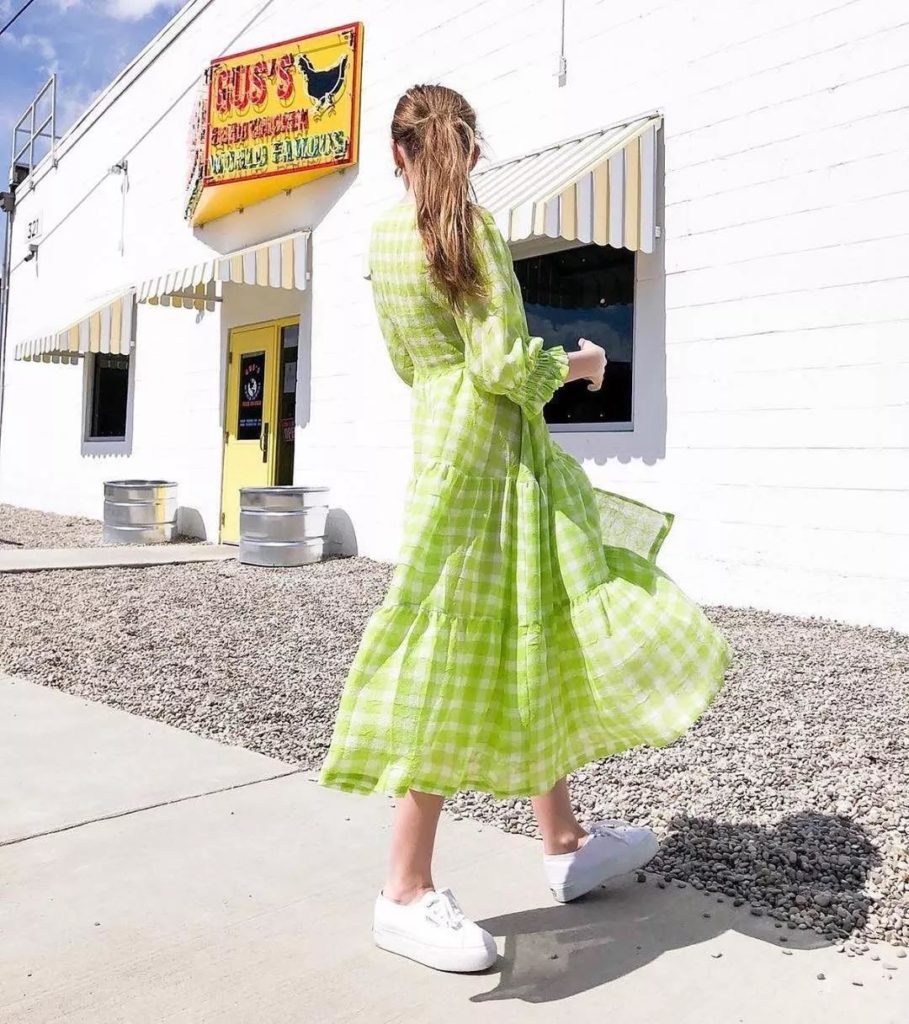checked and layered avocado green dress for 2019