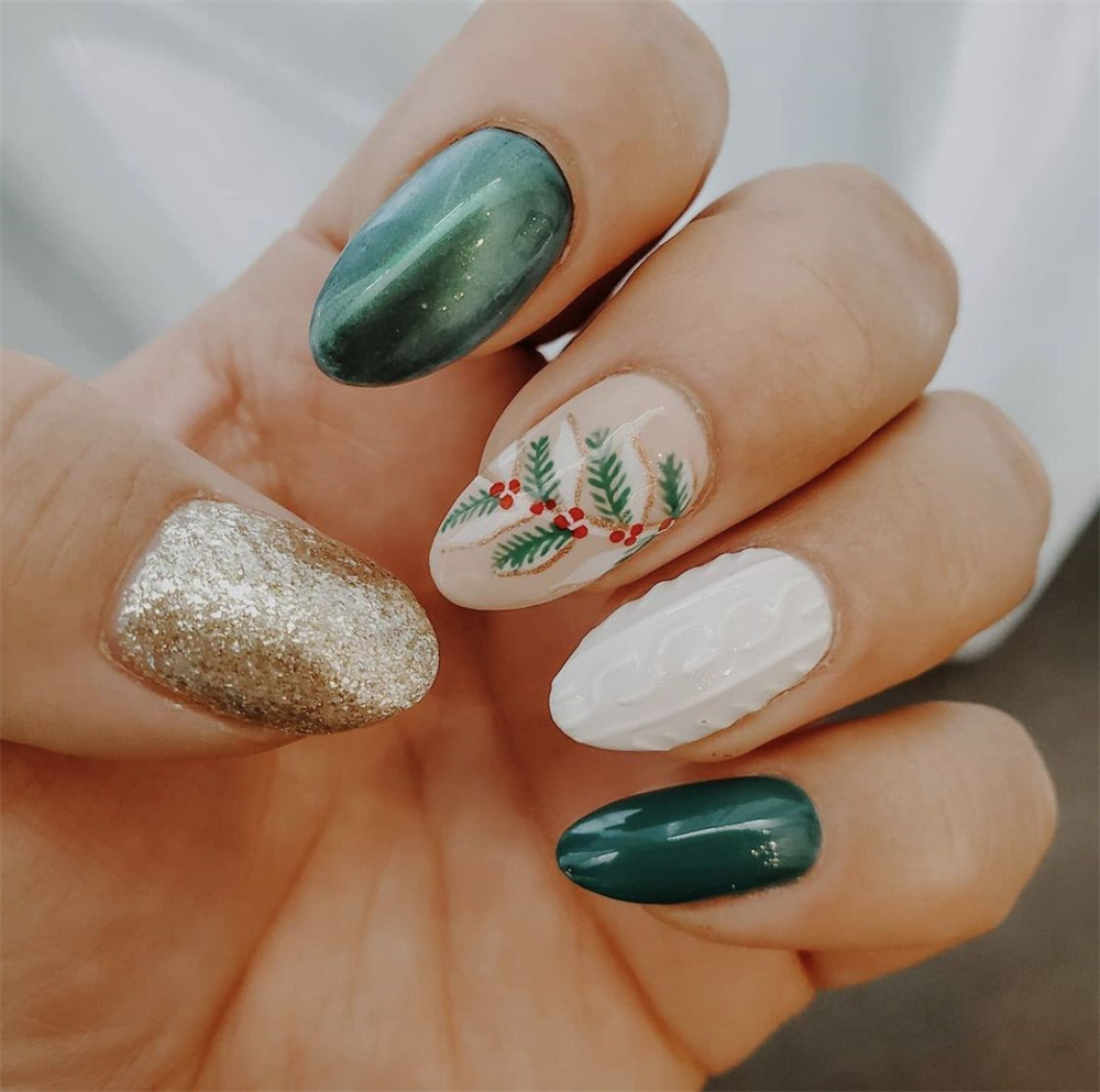 Christmas nails with holly berry and leaf designs