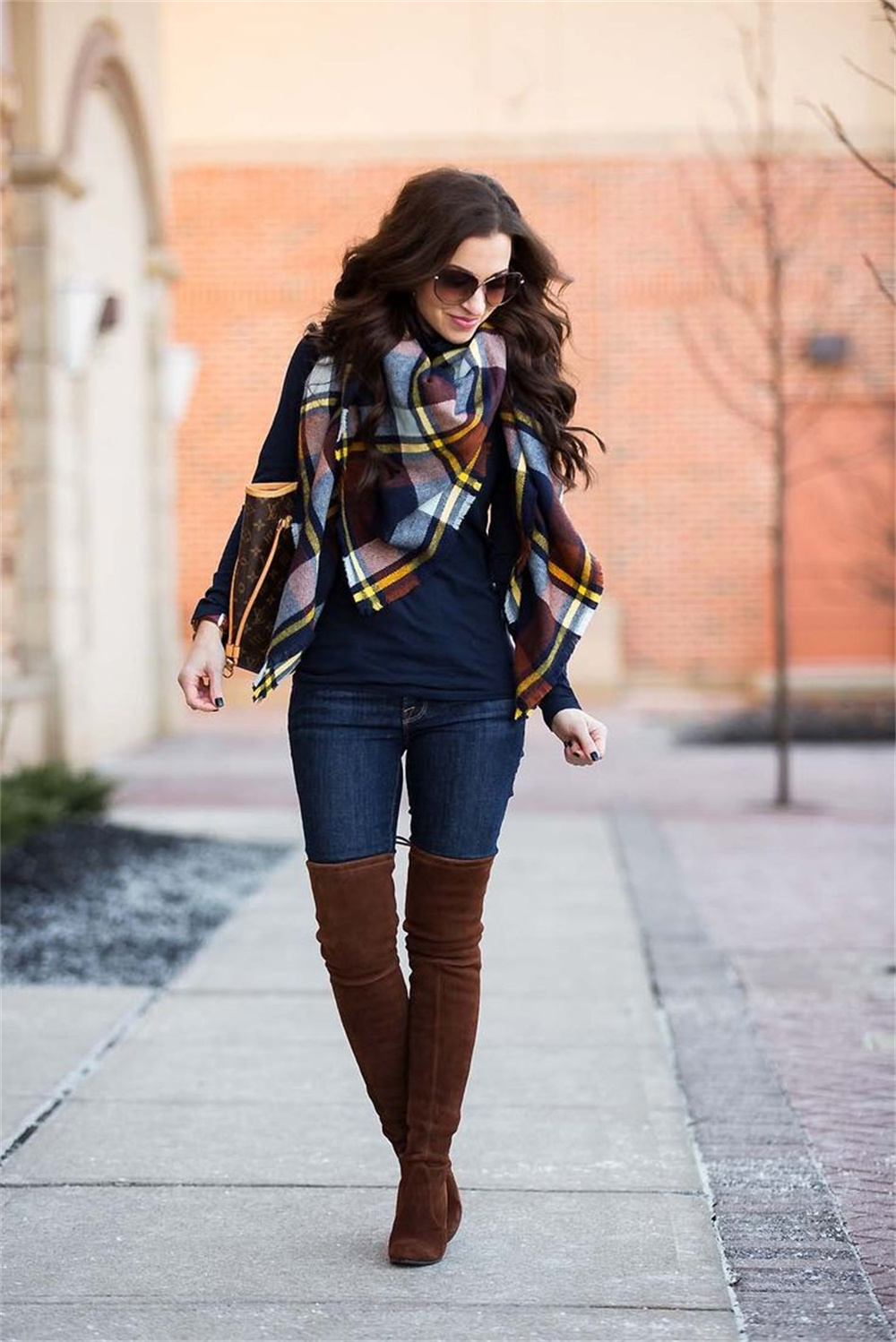 plaid blanket scarf and knee-high boots outfit