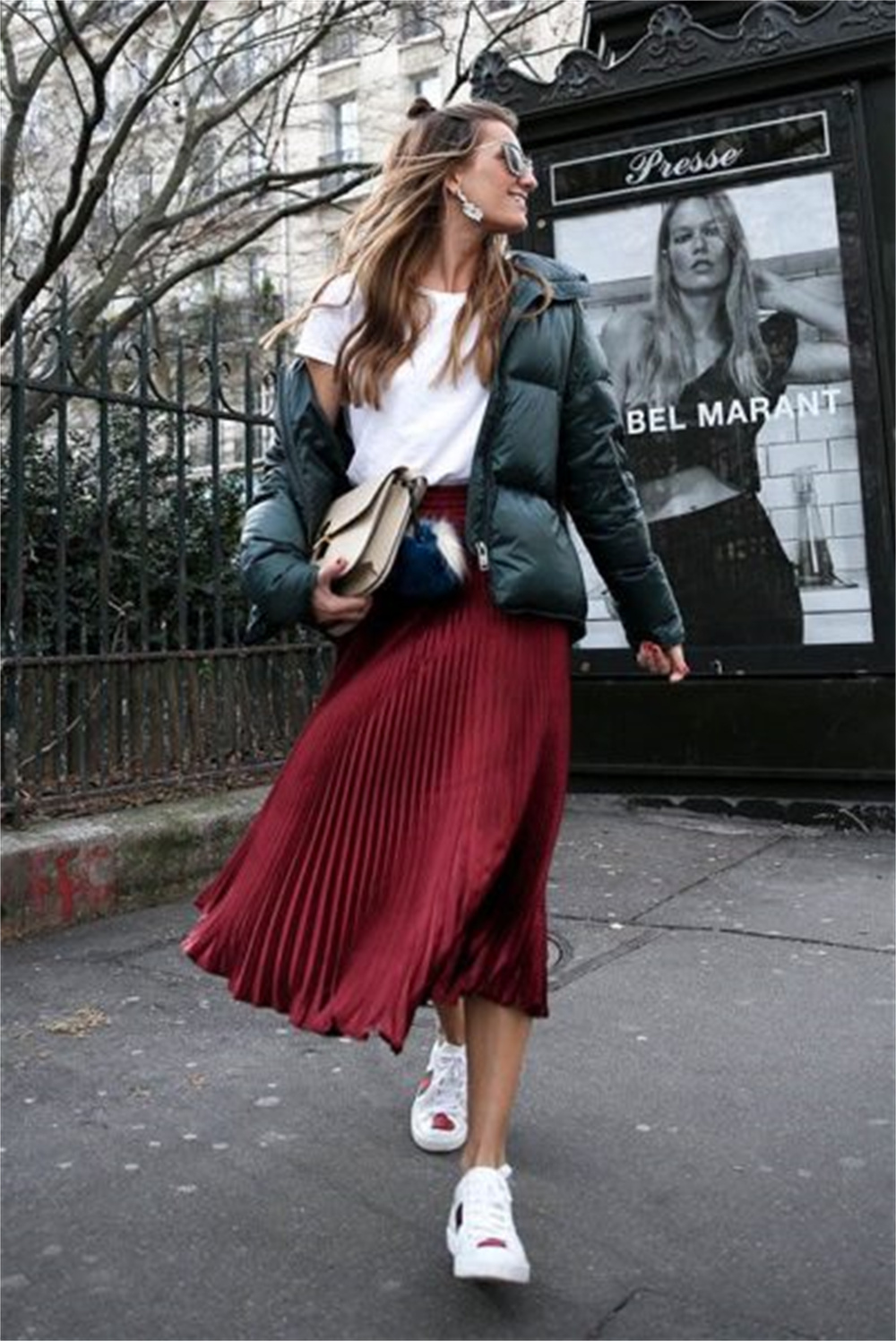 elegant puffer jacket and midi skirt outfit