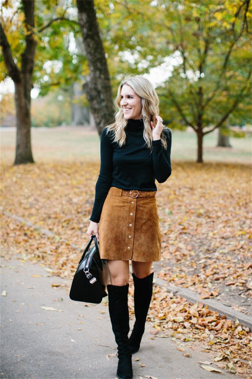 chic suede skirt and knee-high boots outfit for fall