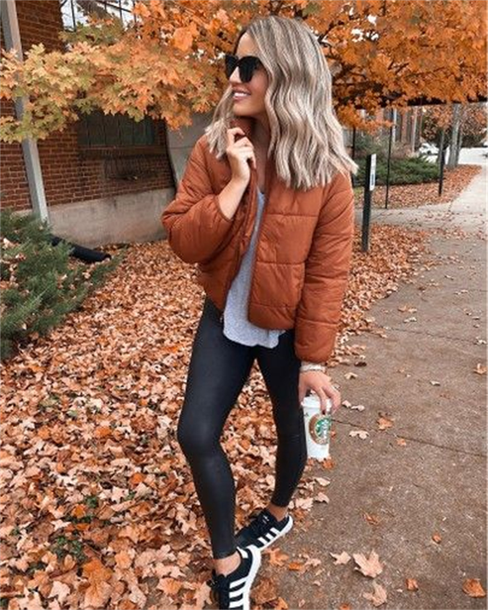 sporty puffer jacket and leggings outfits