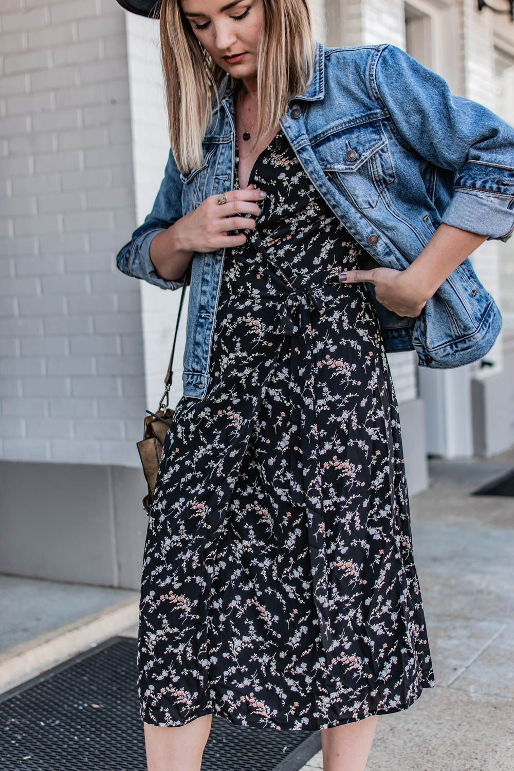denim jacket and floral dress outfit