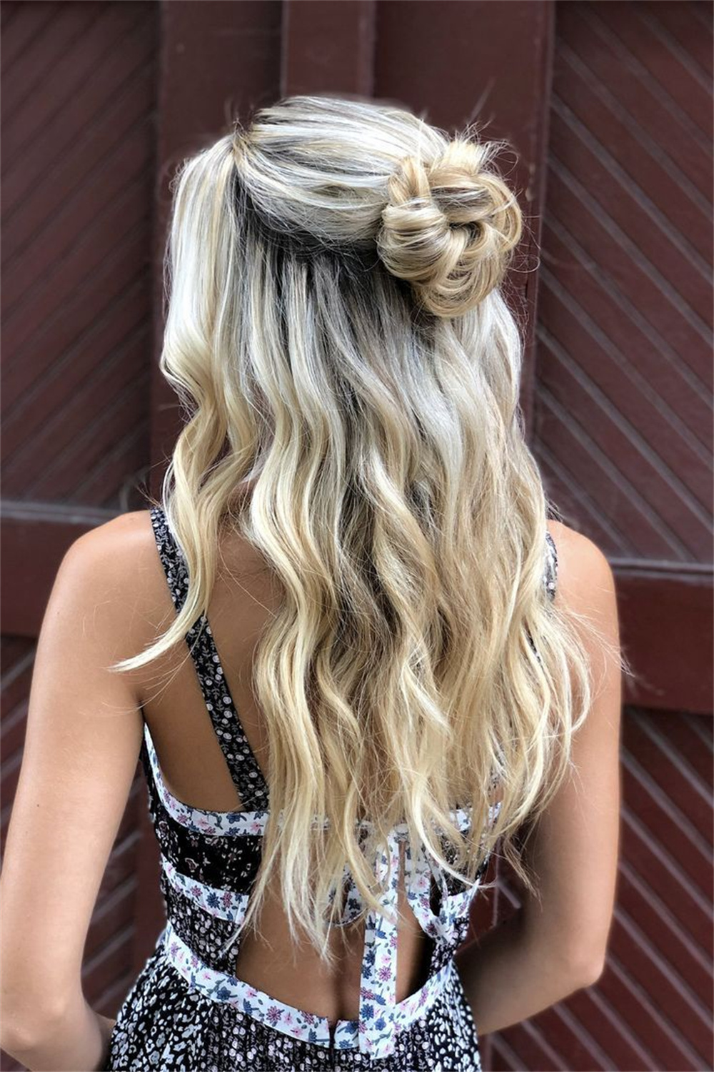 Messy Bun with Waves half up half down hairstyles for long hair